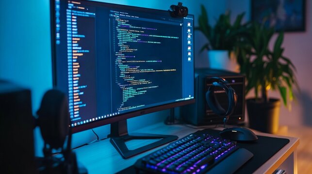 A computer setup with code on the screen, representing learning python for data engineering. main objects: monitor, keyboard, plant, headphones.