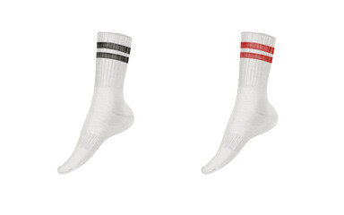  Set of two sports socks white welted mid-length with two red and black stripes on the elastic band. Isolated illustration on a white background for your sports-themed projects