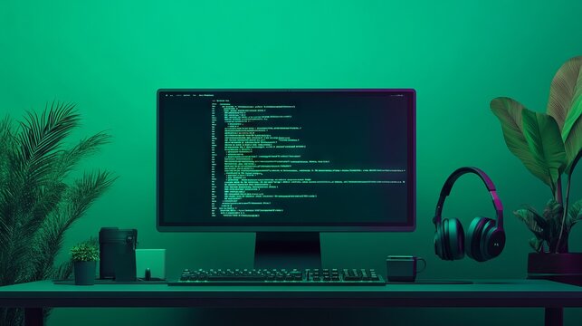 A computer setup with code on the screen, representing learning python for data engineering. main objects: monitor, keyboard, plant, headphones.