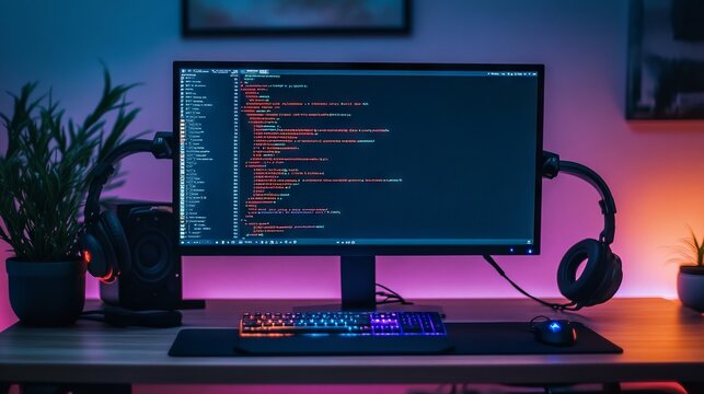 A computer setup with code on the screen, representing learning python for data engineering. main objects: monitor, keyboard, plant, headphones.