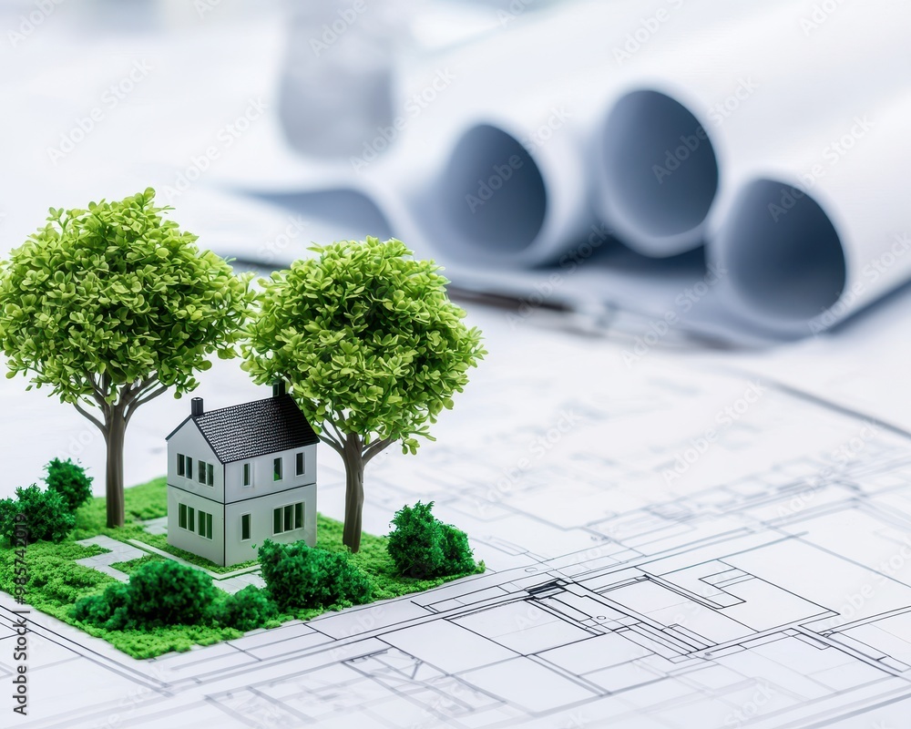Poster model house with trees on architectural plans