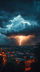 Fototapeta premium A lightning bolt strikes through a storm cloud over a city at night.