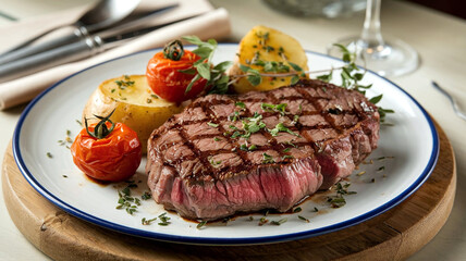 A mouthwatering plate of medium-rare grilled sirloin steak with herbs, baked cherry tomatoes, and potatoes, served in a soft restaurant setting. Perfect for culinary and gourmet presentations. 