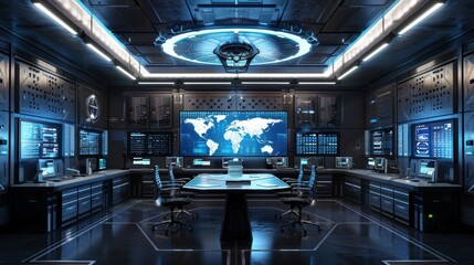 Futuristic Digital Control Room with World Map and Data Visualization