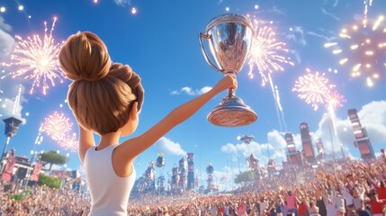 Celebration of Victory with Fireworks and Trophy