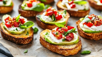 Fresh avocado toasts with creamy cheese cherry tomatoes