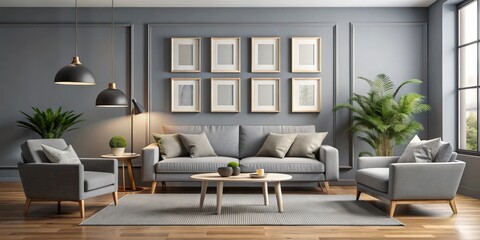 A collection of posters hanging in a modern grey living room