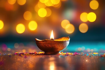 Traditional diya lamp with colorful bokeh lights