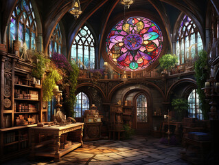 Fototapeta premium Luxurious Magic room interior with witch stuff cauldron, staff with bird skull, burning candles