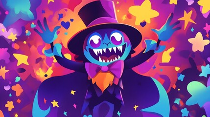 Colorful Cartoon Character With Hat and Bowtie in a Starry Background