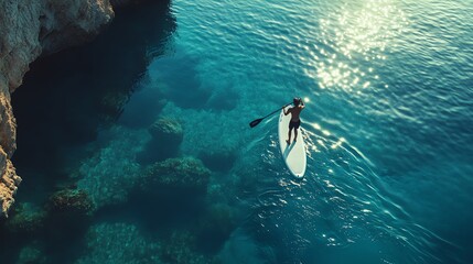 A lone paddleboarder glides across a calm, turquoise sea. The water is clear and reflects the sun.