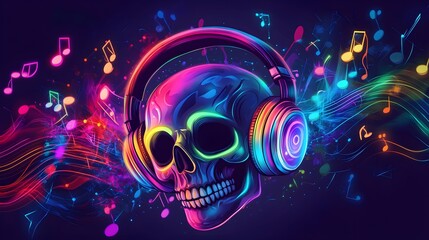 Fototapeta premium Neon Skull with Headphones and Music Notes
