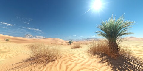 A lone palm tree stands tall in a vast desert landscape, surrounded by sand dunes and a clear blue...