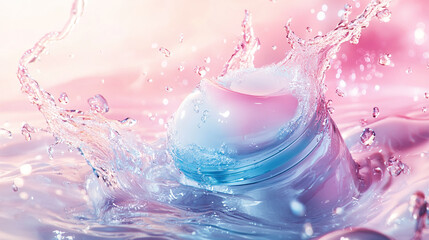 Horizontal background with bottle of cosmetics for care and splashes of water. Care, perfumery, spa, moisturizing, cleansing.