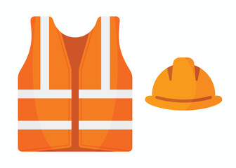 Safety jacket and helmet flat vector illustration isolated on white background