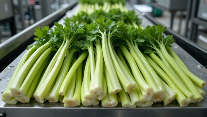 Obraz premium Fresh celery stalks on factory processing line