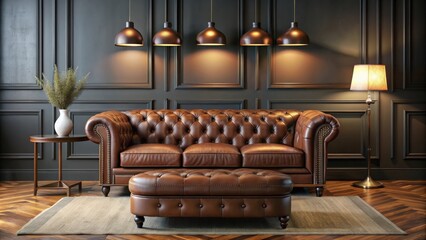 Classic brown leather sofa with dark rug, accompanied by stools and illuminated by a ceiling lamp