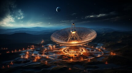 Space observatory with satellite dish silhouettes against night sky.