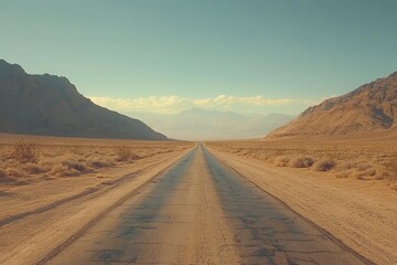 A long, straight road cuts through a dry, barren desert landscape, flanked by mountains in the distance under a pale blue sky.