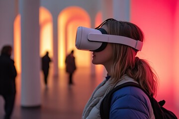 Woman exploring virtual reality in modern gallery space