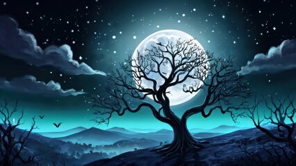 Under the glow of a bright full moon, bats fly across a misty night sky, casting shadows over a desolate graveyard and a twisted tree, perfect for a spooky night