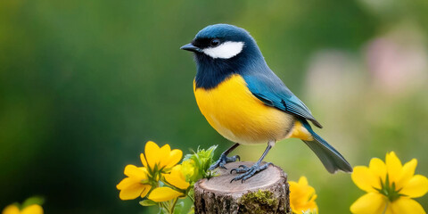 Obraz premium bird perched gracefully on log surrounded by vibrant flowers