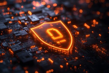 Digital shield protecting a network, glowing binary code and secure lock icons, dark cyber theme