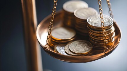 A balance scale with coins symbolizes economic stability and equilibrium.
