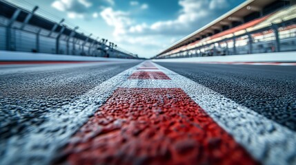 A low angle shot of a race track with red and white markings. The track is empty and the sky is blue with clouds.