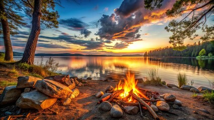 A cozy campfire by the lakeside at sunset