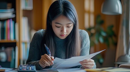 Woman reviewing documents and writing with a pen at home office