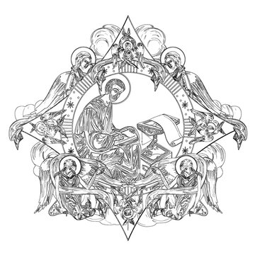 saint writing, black and white, religious art clip art preview