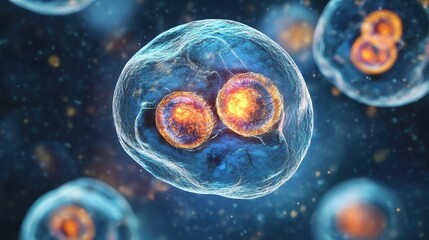 Cell division with mitosis stages shown through detailed microscopic images, focusing on cellular biology.