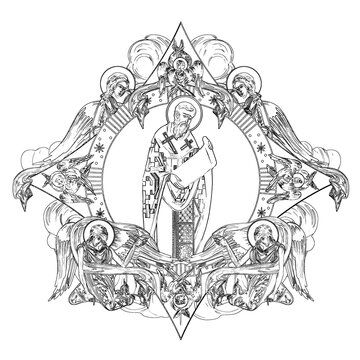 recommend clip art: Saint Gregory of Nyssa (name english). Religious dome with apostles and angels in sky. Coloring page in Byzantine style