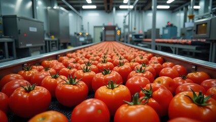 Fresh red tomatoes on conveyor belt under soft factory lights