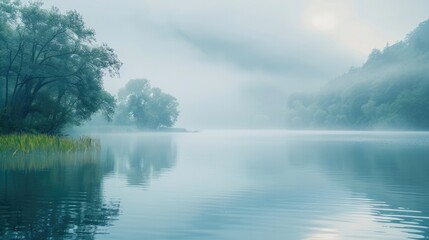Serene misty lake nestled in a lush forested landscape under an atmospheric overcast sky  The still water reflects the surrounding trees creating a tranquil