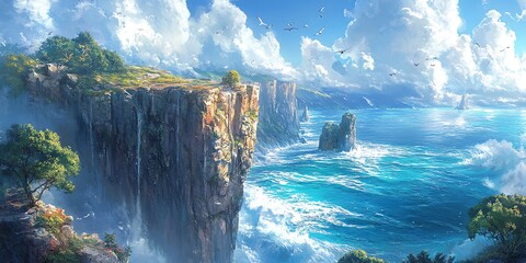 A majestic cliff overlooking a vast ocean with white clouds and birds in the sky.