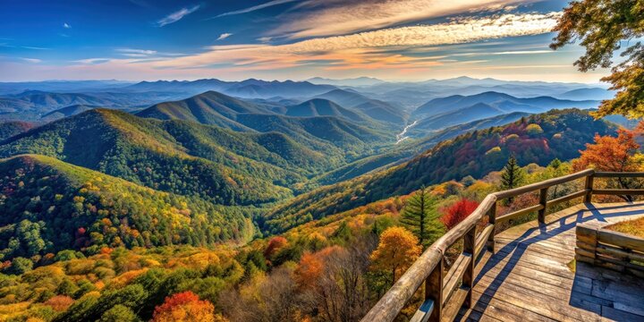Scenic overlook with breathtaking views of the Blue Ridge Parkway, mountains, trees, and valleys