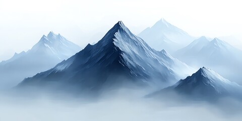 A majestic mountain range shrouded in a soft layer of mist and fog, bathed in a blue hue. - Powered by Adobe