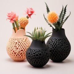 Craft 3D printed vases with Mexican-inspired designs to hold vibrant flowers for decoration on white background