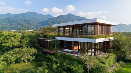 A modern house in the middle of rice fields, with a white metal roof and wood cladding, large windows overlooking a green paddy field and mountain view.