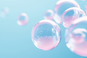 Transparent soap bubbles floating on serene blue background