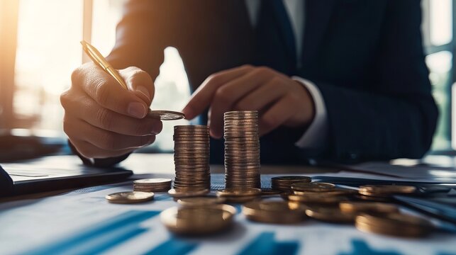 A businessperson counting stacks of coins, symbolizing wealth management and financial planning.