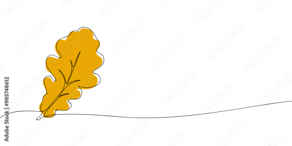 Poster a single line drawing of an oak leaf. continuous line thanksgiving icon in color. one line icon. vec