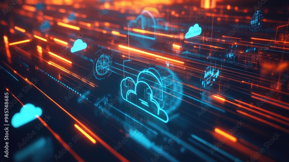 Aufkleber cloud-based digital transformation depicted through glowing cloud icons and arrows, highlighting bus