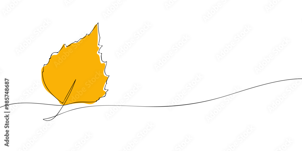 Poster a single line drawing of a birch leaf. continuous line thanksgiving icon in color. one line icon. ve