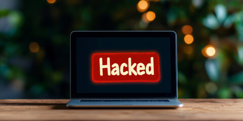 Hacked message on laptop screen with blurred background creates sense of urgency