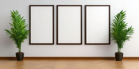 Three empty frames hang on a white wall, flanked by potted plants, ready to display your artwork.