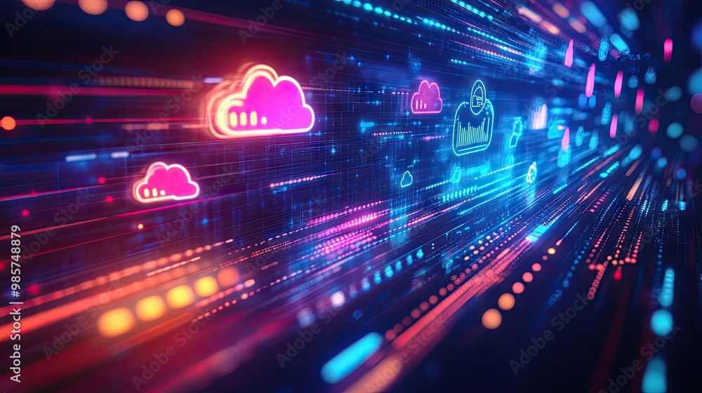 Aufkleber cloud-based digital transformation depicted through glowing cloud icons and arrows, highlighting bus