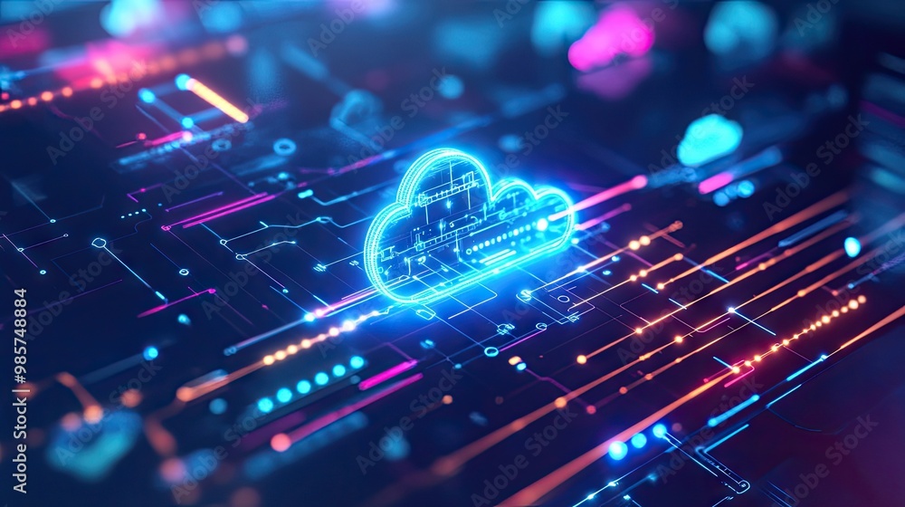 Poster cloud-based solutions illustrated through interconnected icons and data lines, representing how busi